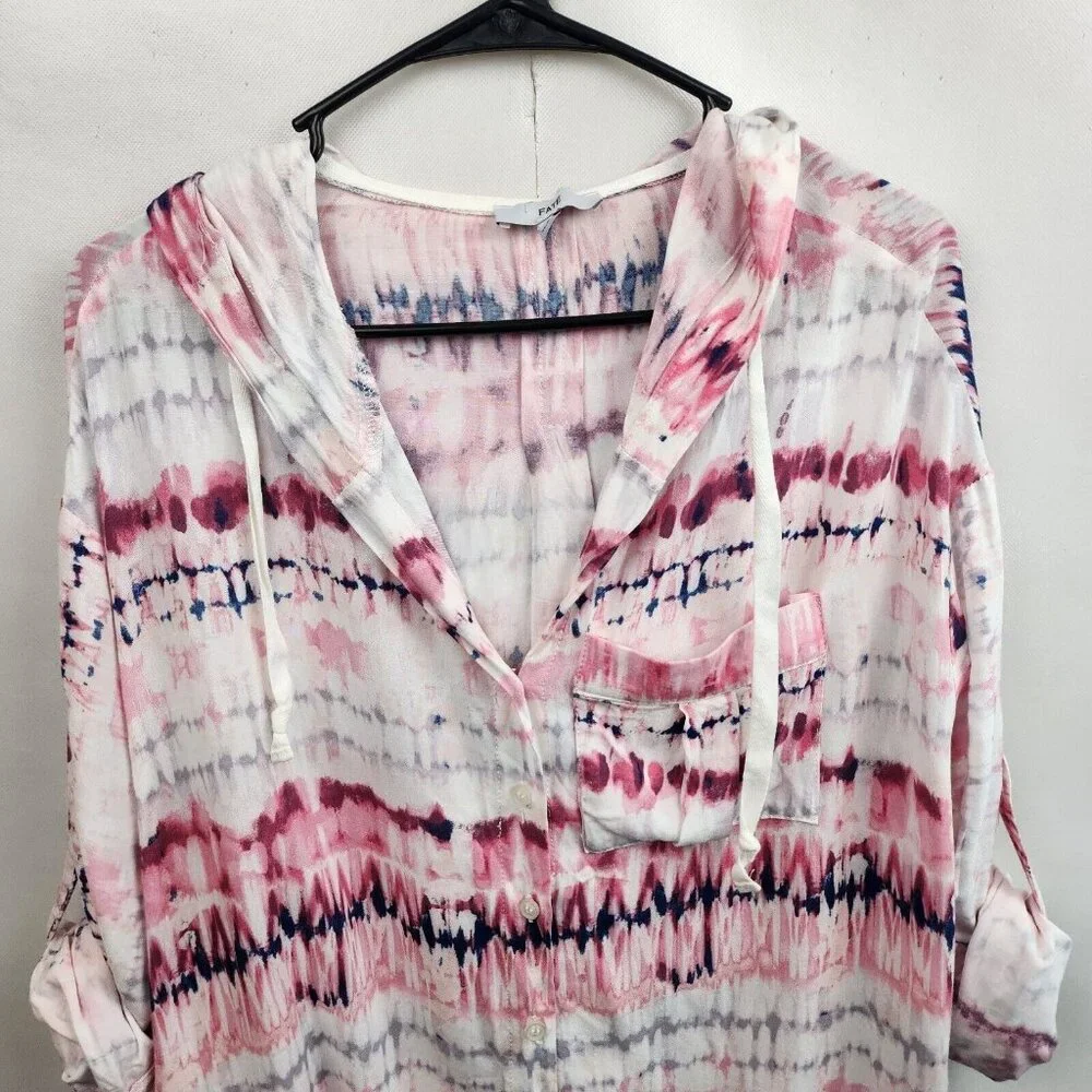 Fate Womens Oversized Hippie Hoodie Small Pink White Tie Dye‎ Button Hem